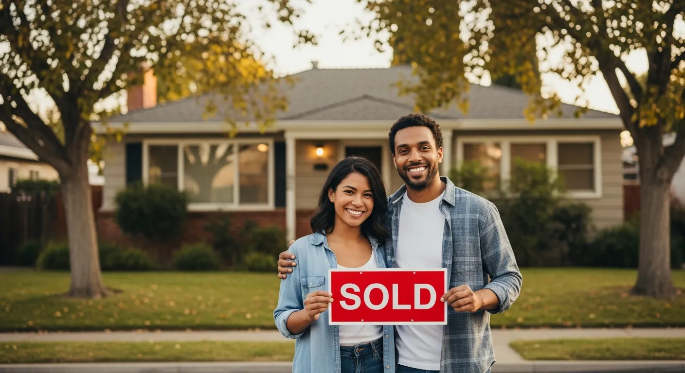 Happy couple holding a SOLD sign in front of their Sacramento area home