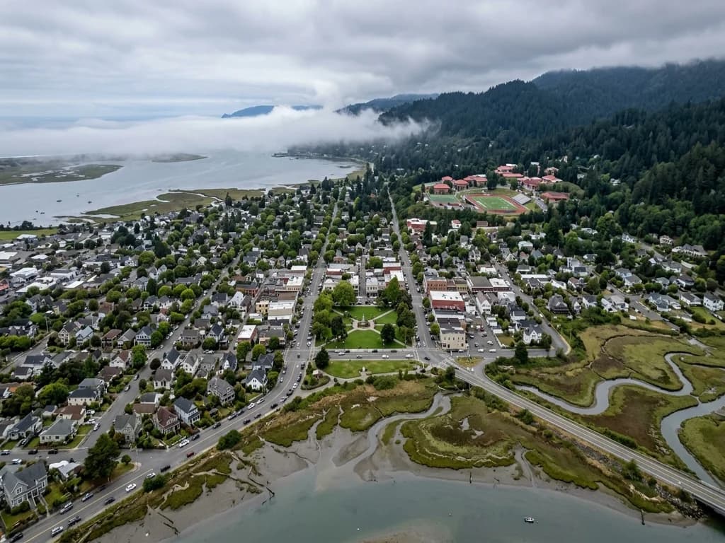 Aerial view of an Arcata California neighborhood grid meeting the Humboldt Bay marsh under coastal fog