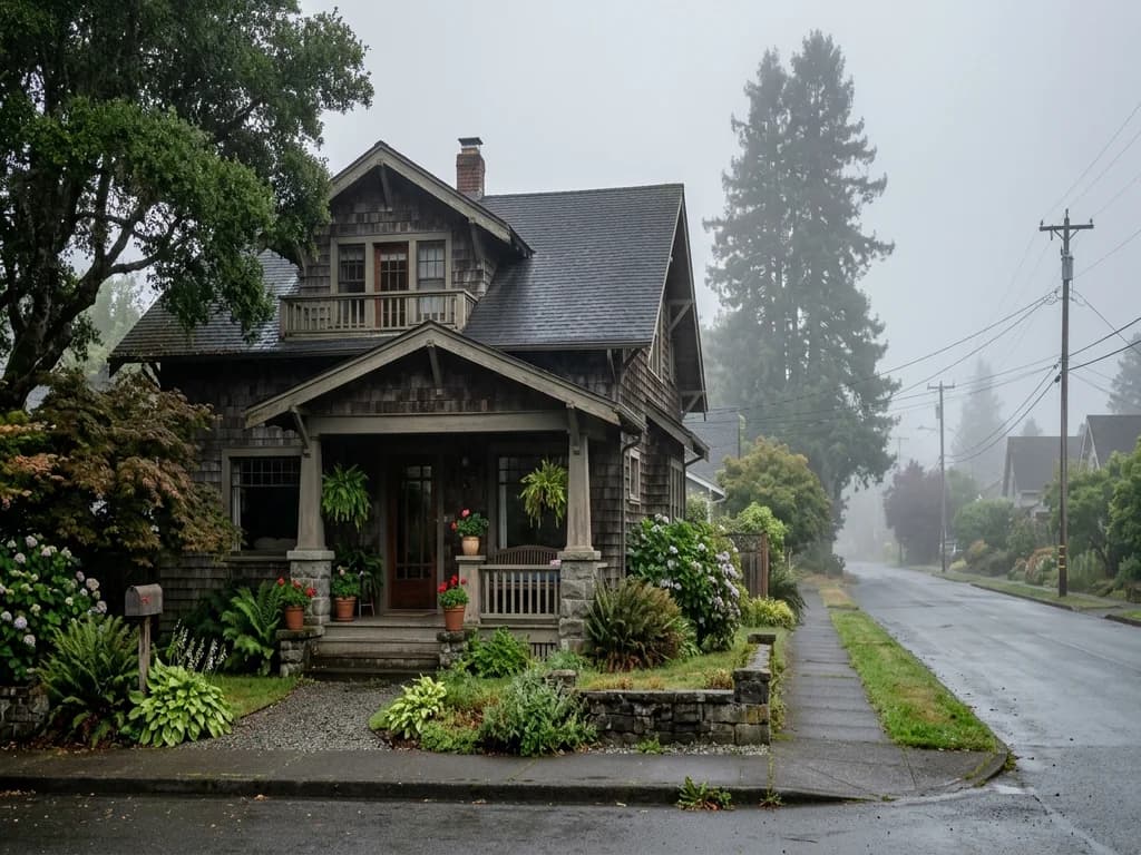 Older Craftsman bungalow on a foggy Arcata California street with redwoods behind — the housing stock we buy as-is