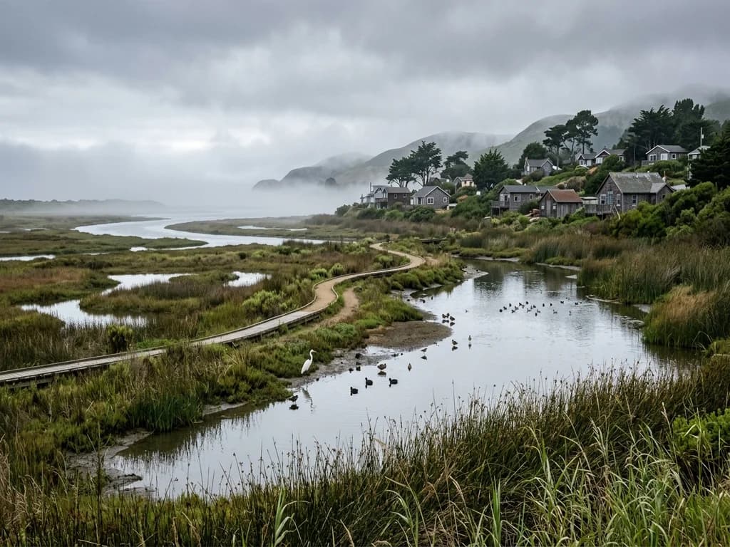 Coastal marsh, ponds, and walking path on the Humboldt Bay margin near Arcata California