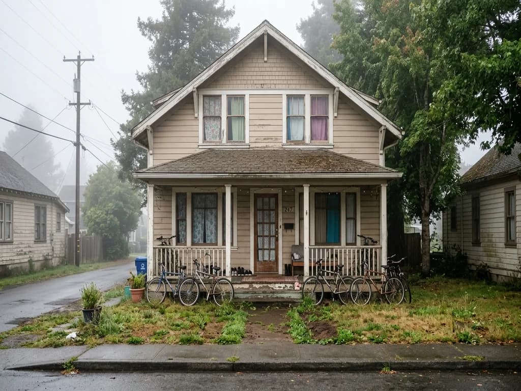 Two-story Arcata California student rental with bikes on the porch and a worn lawn — we buy rentals with tenants in place