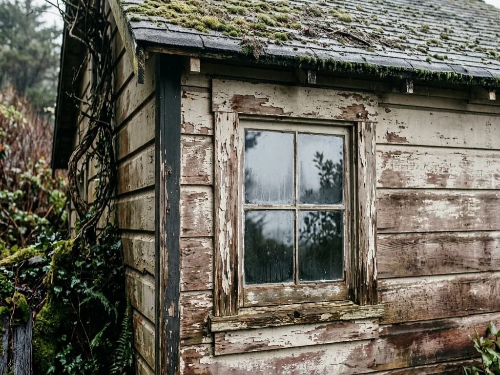 Weathered siding, peeling paint, and moss on an older North Coast house — the damp-climate wear common in Arcata homes