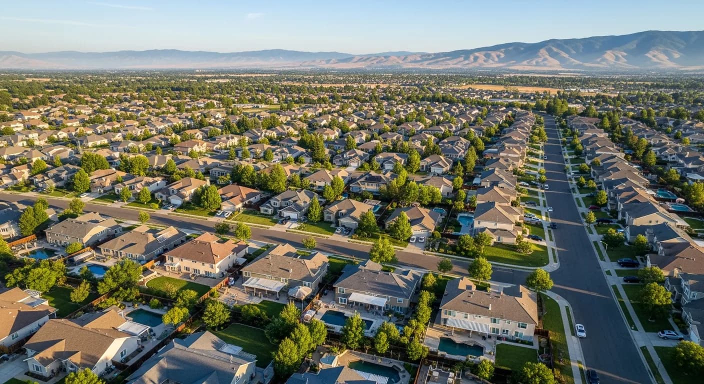 Aerial view of Roseville California neighborhoods with Sierra foothills