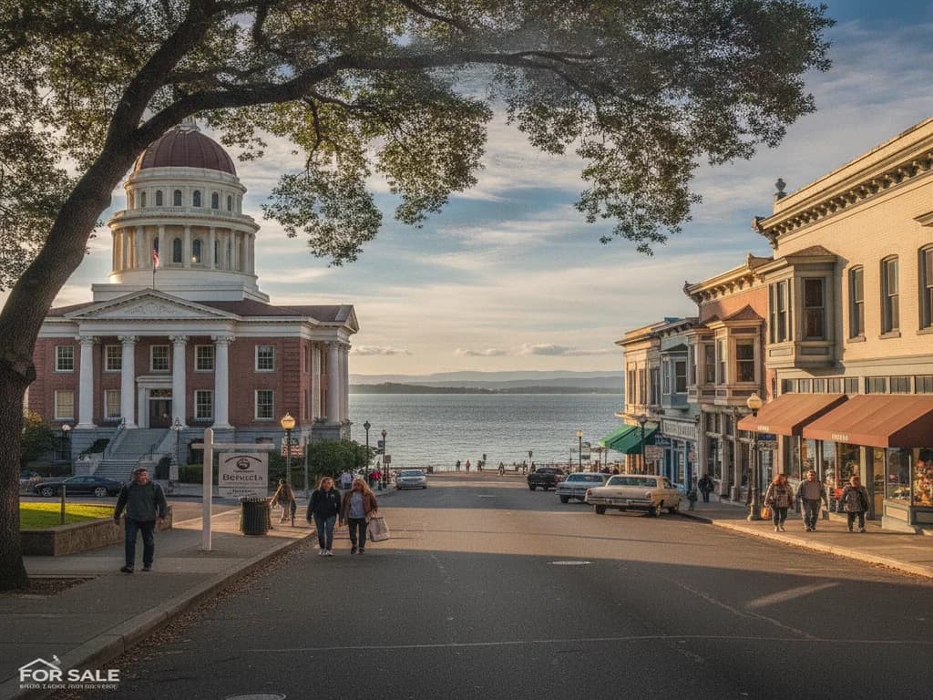 Historic First Street in downtown Benicia California with the old State Capitol and Carquinez Strait waterfront