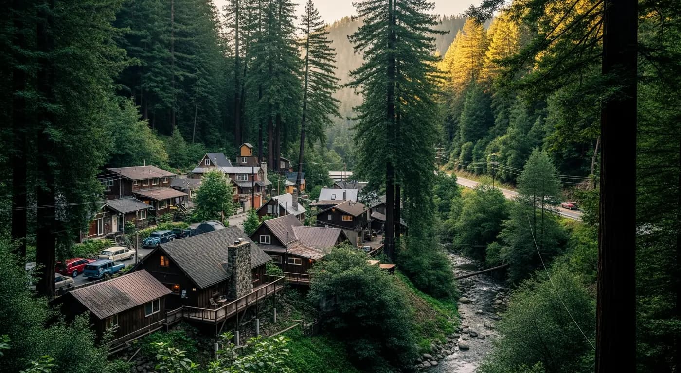 Brookdale mountain community in the Santa Cruz Mountains along Highway 9 with redwoods and creek