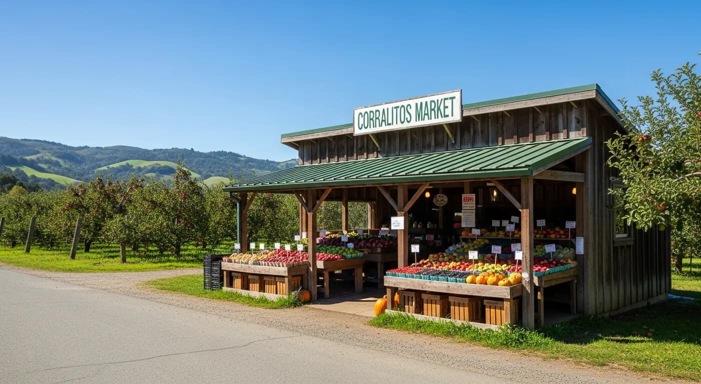 Corralitos Market farm stand with apple orchards and rolling hills in rural Santa Cruz County