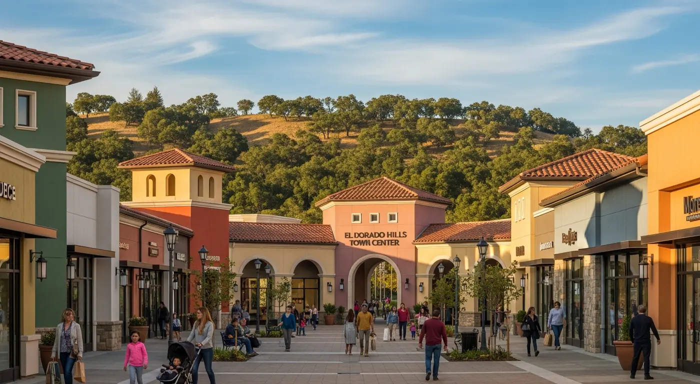 El Dorado Hills Town Center California with Mediterranean architecture and oak-covered hills