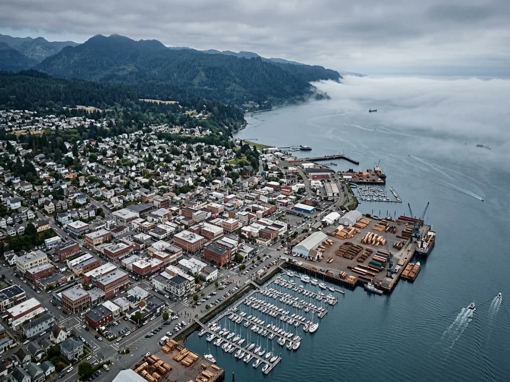 Aerial view of Eureka California's Old Town grid, marina, and lumber docks on Humboldt Bay