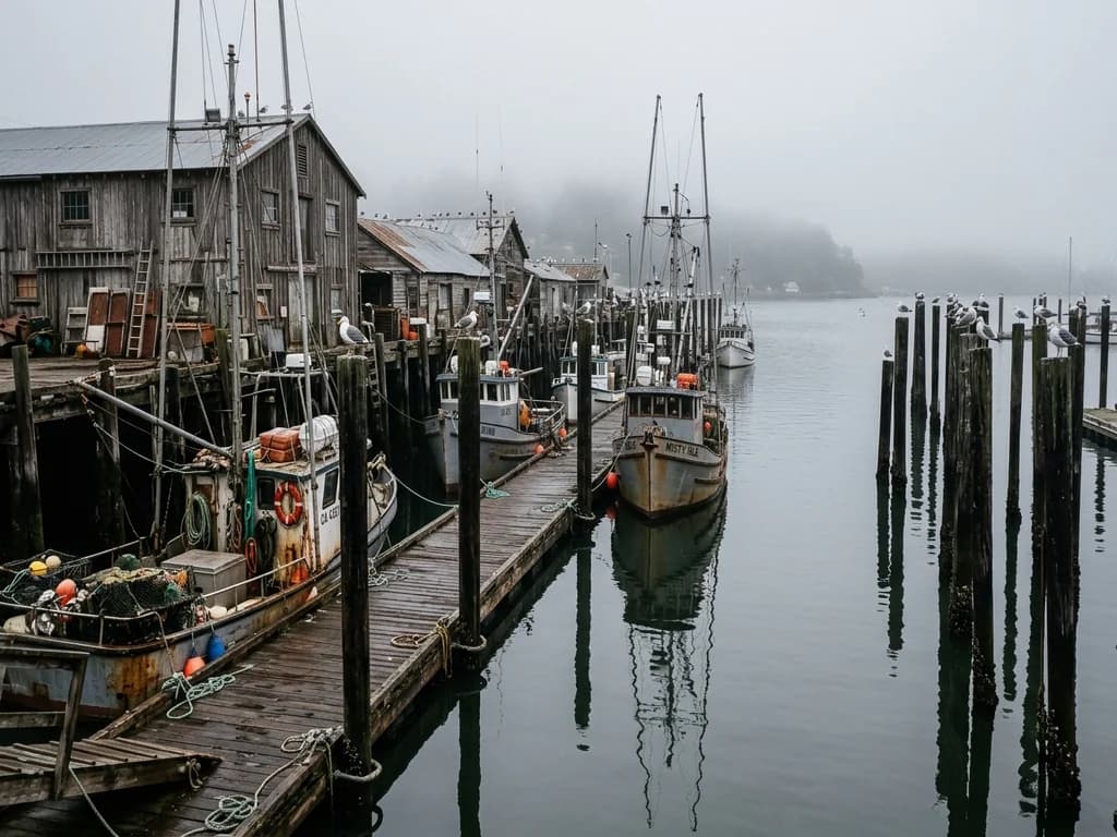 Fishing boats and weathered docks on Humboldt Bay in the fog — Eureka's working-port setting