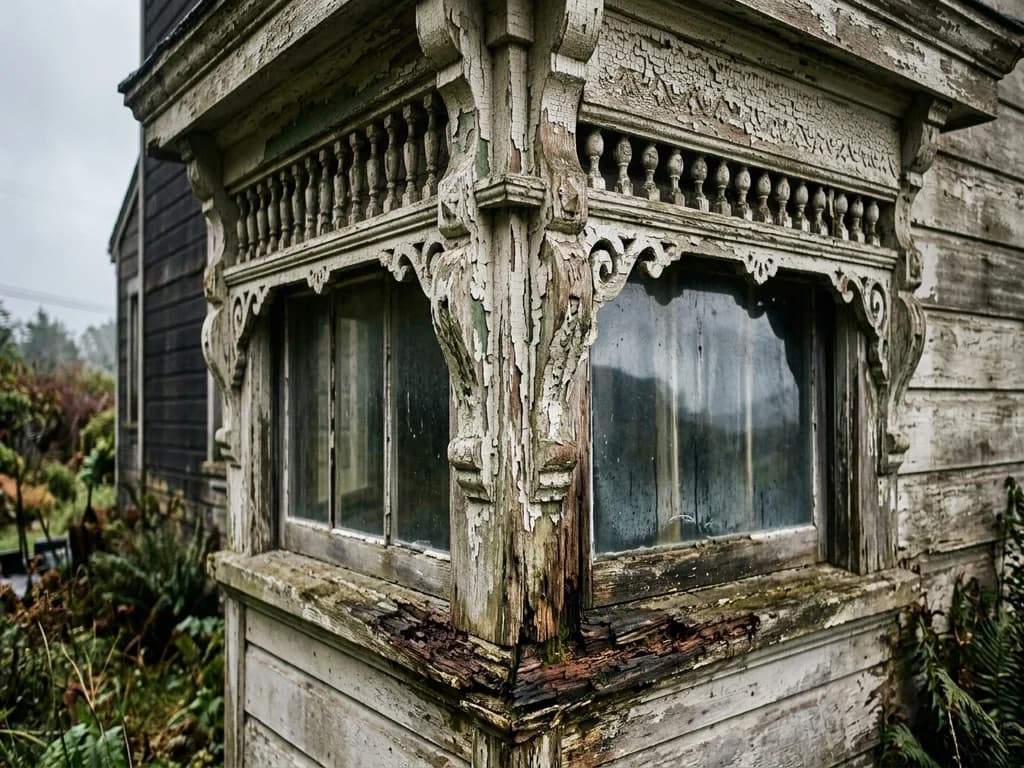 Peeling paint and dry rot on ornate Victorian window trim — the coastal weathering common in Eureka's oldest homes