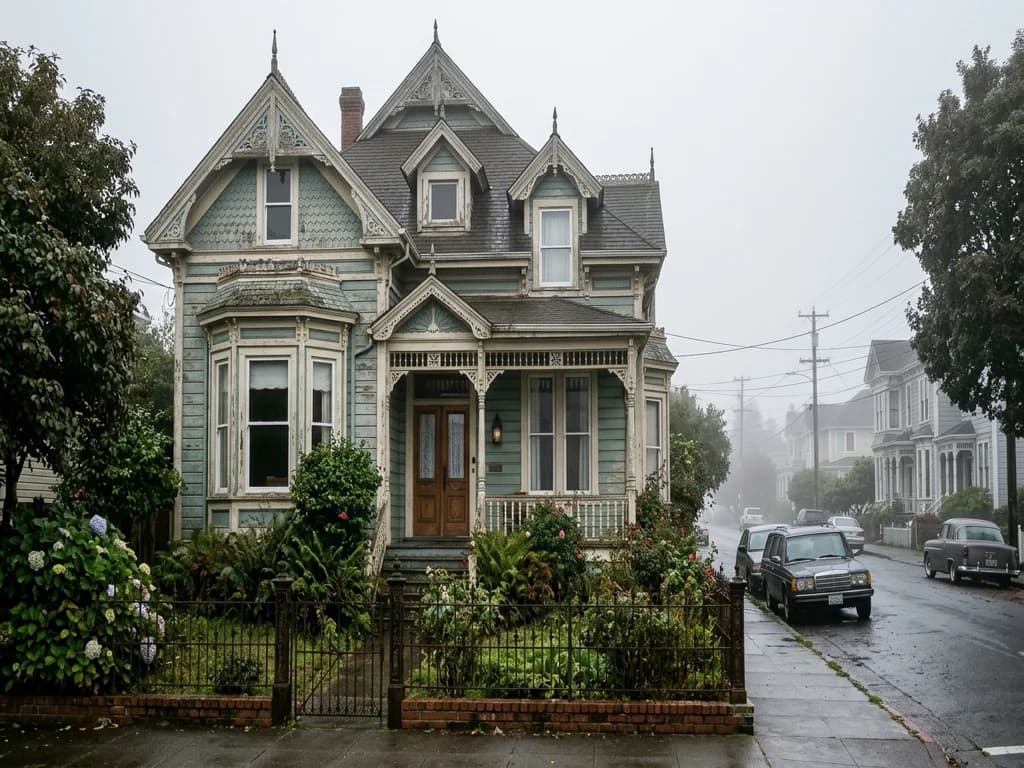 Ornate Victorian house with faded paint on a foggy Eureka California street — the historic stock we buy in any condition