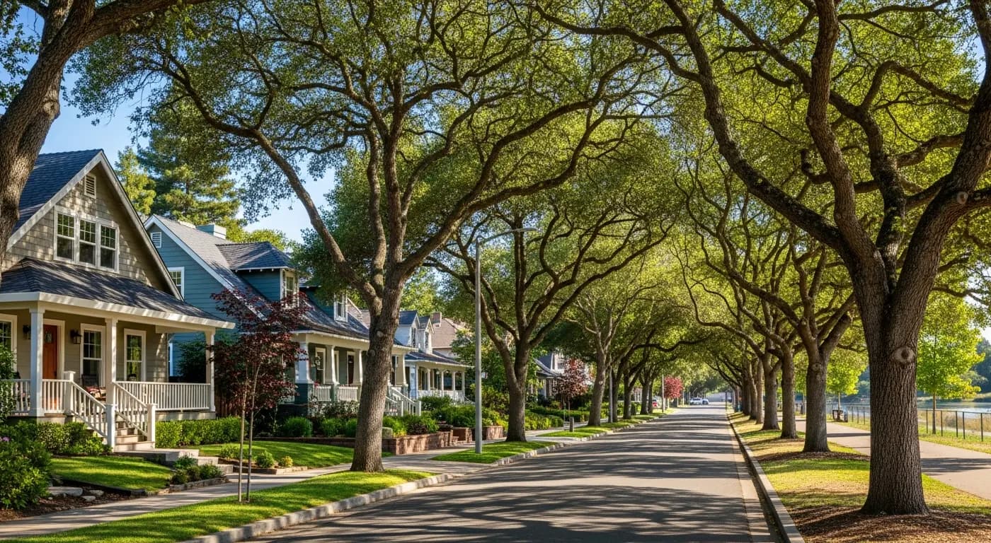 Tree-lined residential street in Folsom California near historic Sutter Street and American River