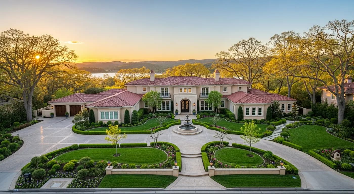 Granite Bay California luxury estate home among oak trees near Folsom Lake