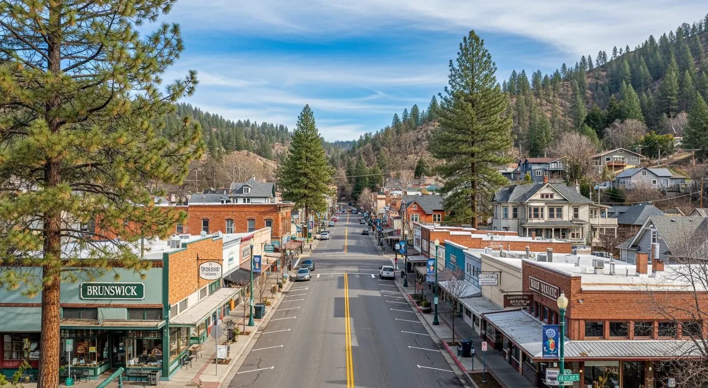 Brunswick Road corridor in Grass Valley California with shops and Sierra foothill setting