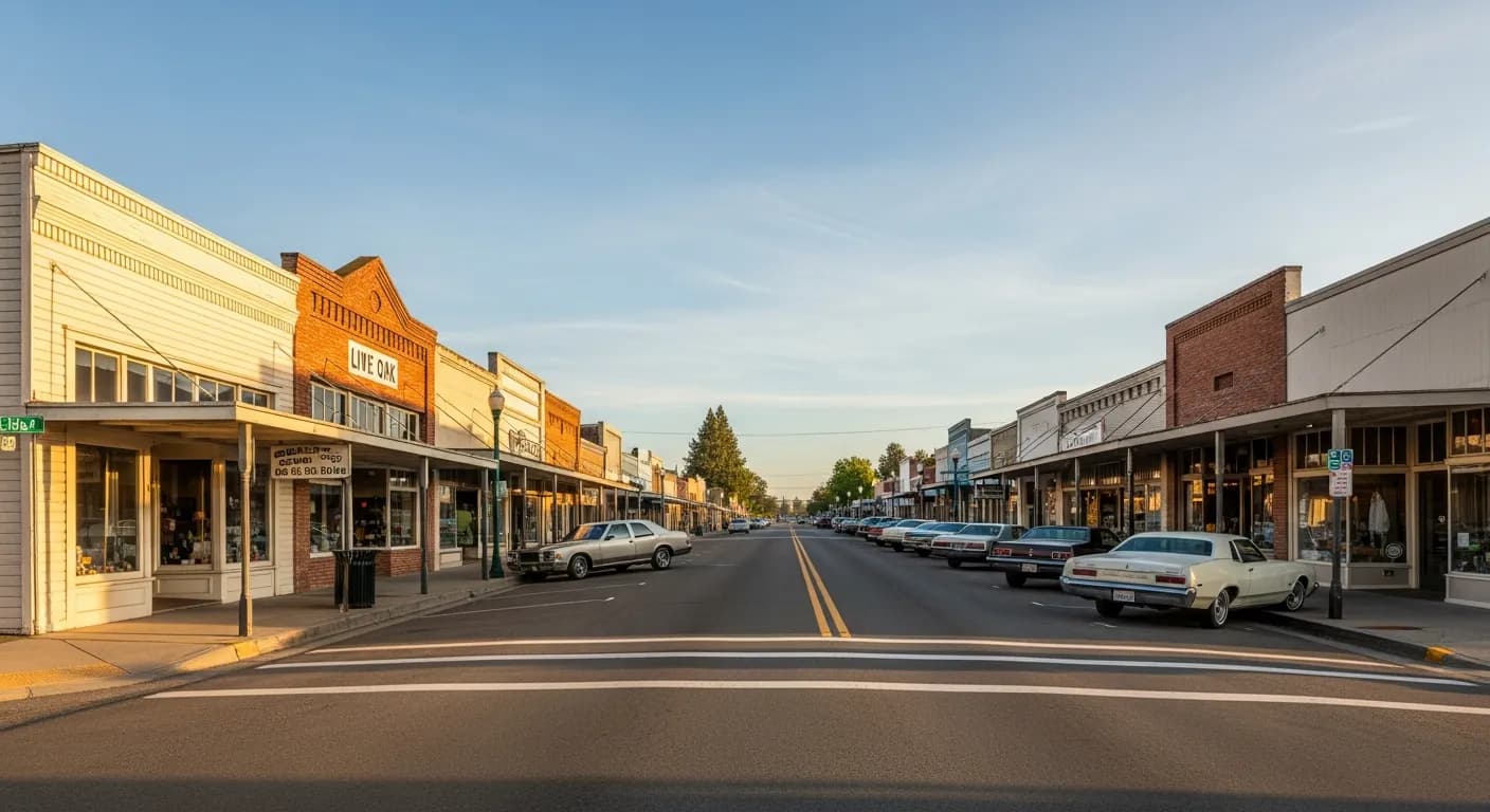 Small-town street in Live Oak Sutter County with mature trees and single-story homes