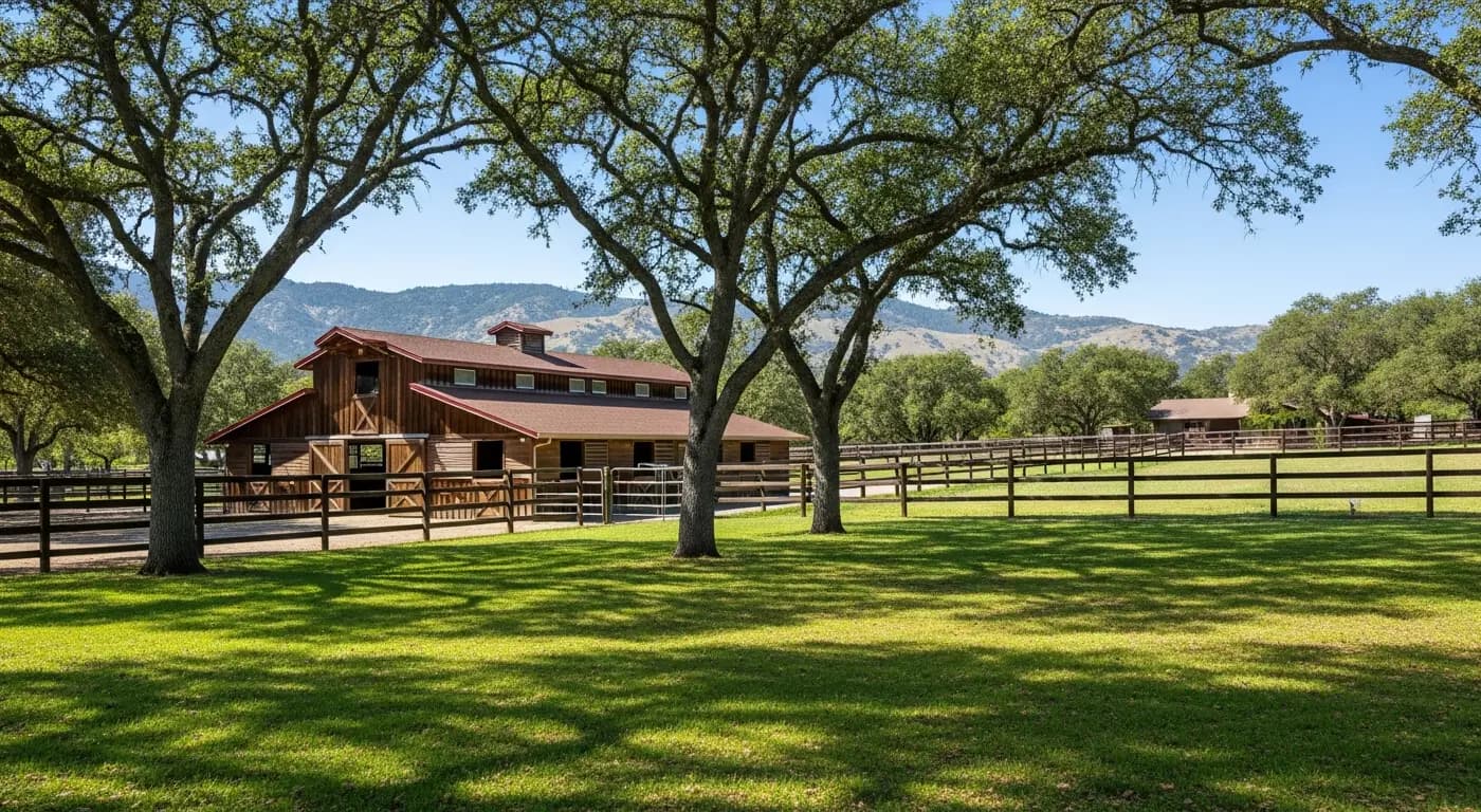 Loomis California equestrian property with horse barn, fenced pasture, and Sierra foothill oak trees