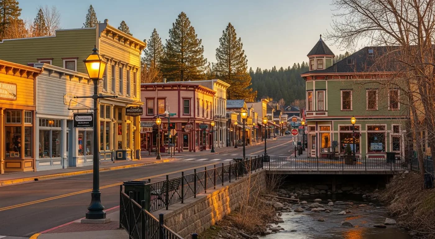 Nevada City Broad Street with gas-lit lampposts, colorful buildings, and Deer Creek — we buy Nevada City homes