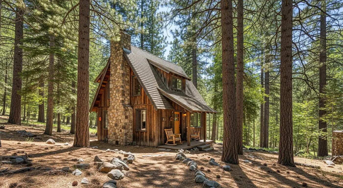 Mountain cabin among tall pine trees near Nevada City — we buy rustic properties for cash