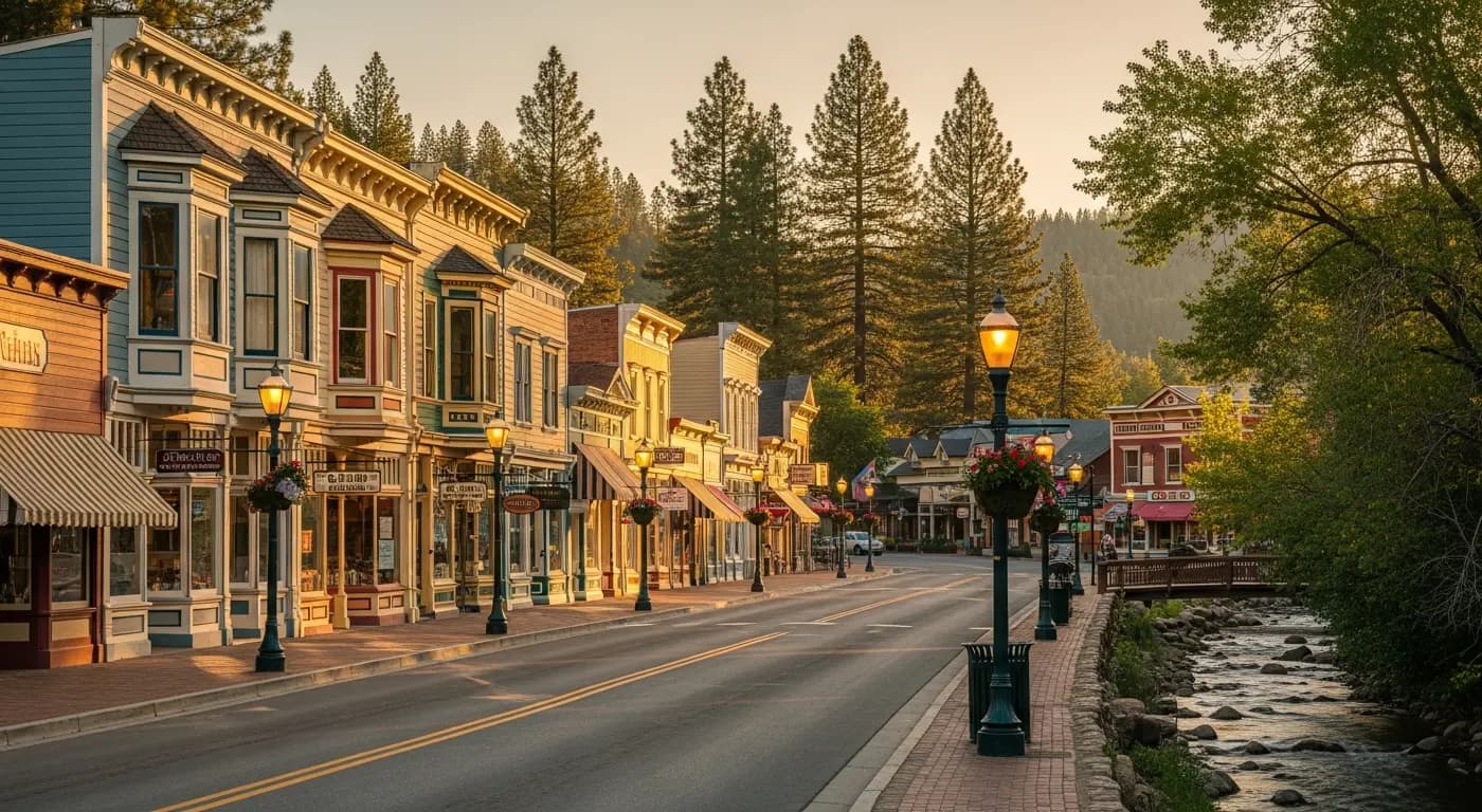 Historic Nevada City California downtown with Broad Street Victorian storefronts and gas-lit lampposts