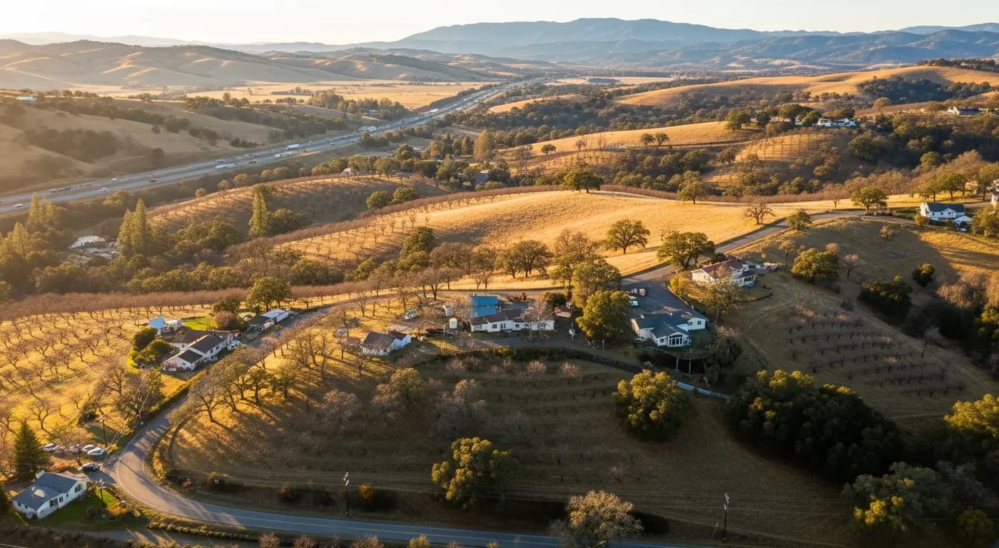 Aerial view of Newcastle California foothill community with rolling golden hills, old fruit orchards, and Interstate 80