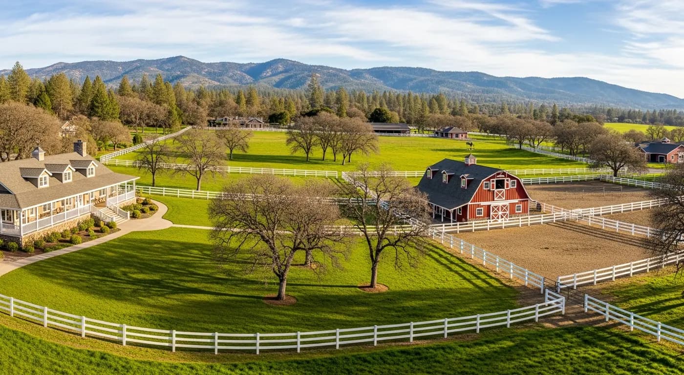 Rural equestrian property in Penn Valley California with horse fencing and Sierra foothill oak woodlands