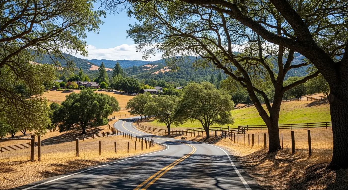 Pleasant Valley Road winding through Penn Valley California oak woodlands — rural foothill community