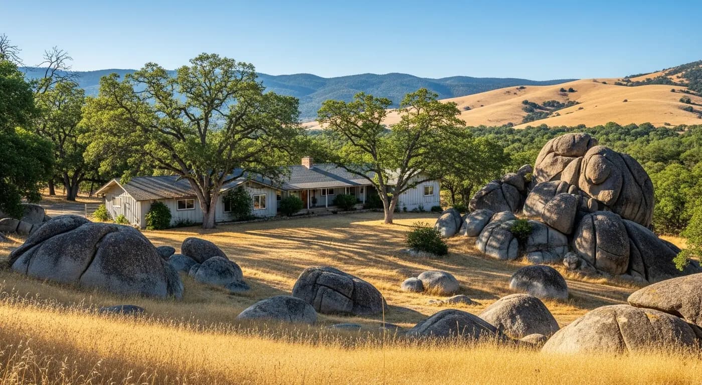 Rural foothill property in Penryn California Placer County with oak trees and granite boulders