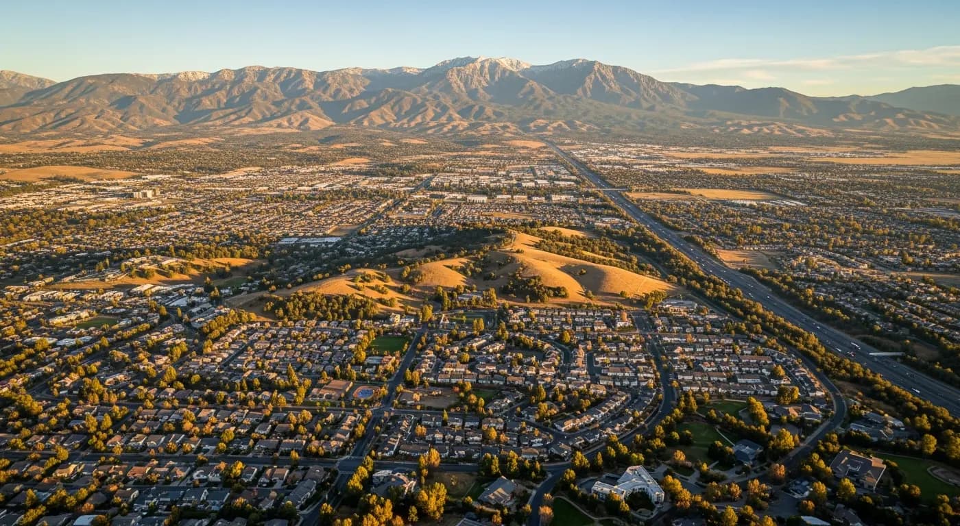 Aerial view of Placer County California with oak-covered foothills, suburban neighborhoods, and Sierra Nevada mountains