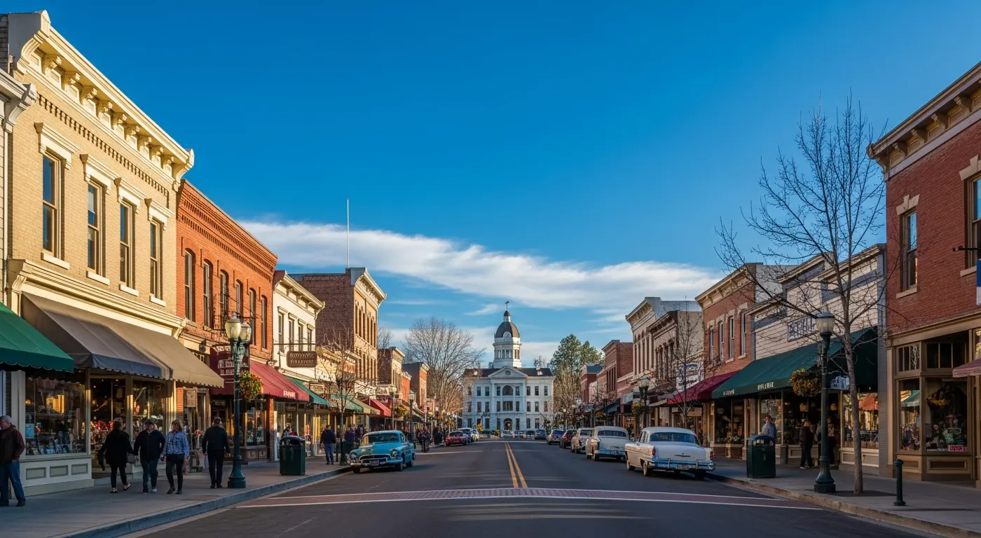 Historic Main Street in Placerville California with Gold Rush era buildings and charming downtown