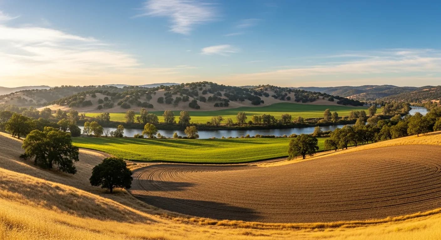 Agricultural land and older home near Rio Oso California in the Sacramento Valley