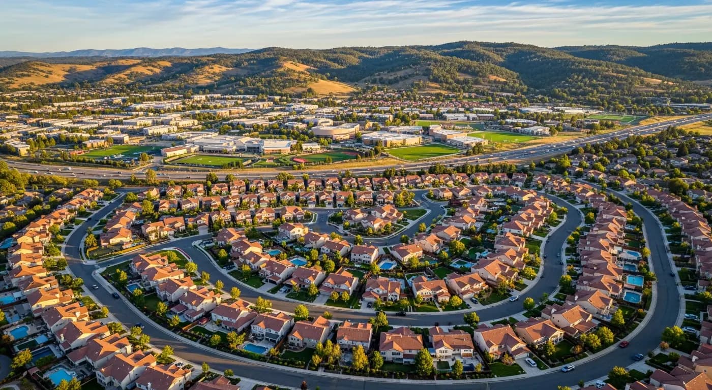 Aerial view of Rocklin California suburban neighborhoods with oak-covered hills and Highway 80 corridor in Placer County