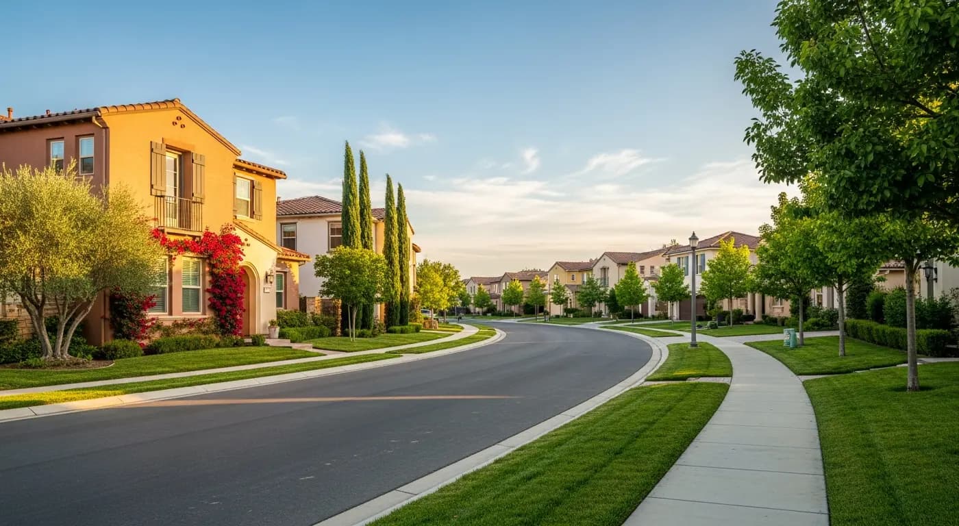 Stanford Ranch neighborhood in Rocklin California — Mediterranean-style homes with mature landscaping