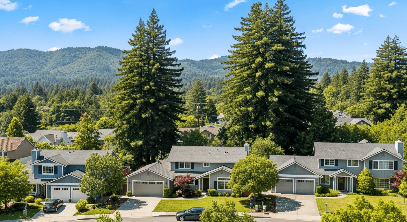 Residential neighborhood in Scotts Valley California among redwood trees in the Santa Cruz Mountains