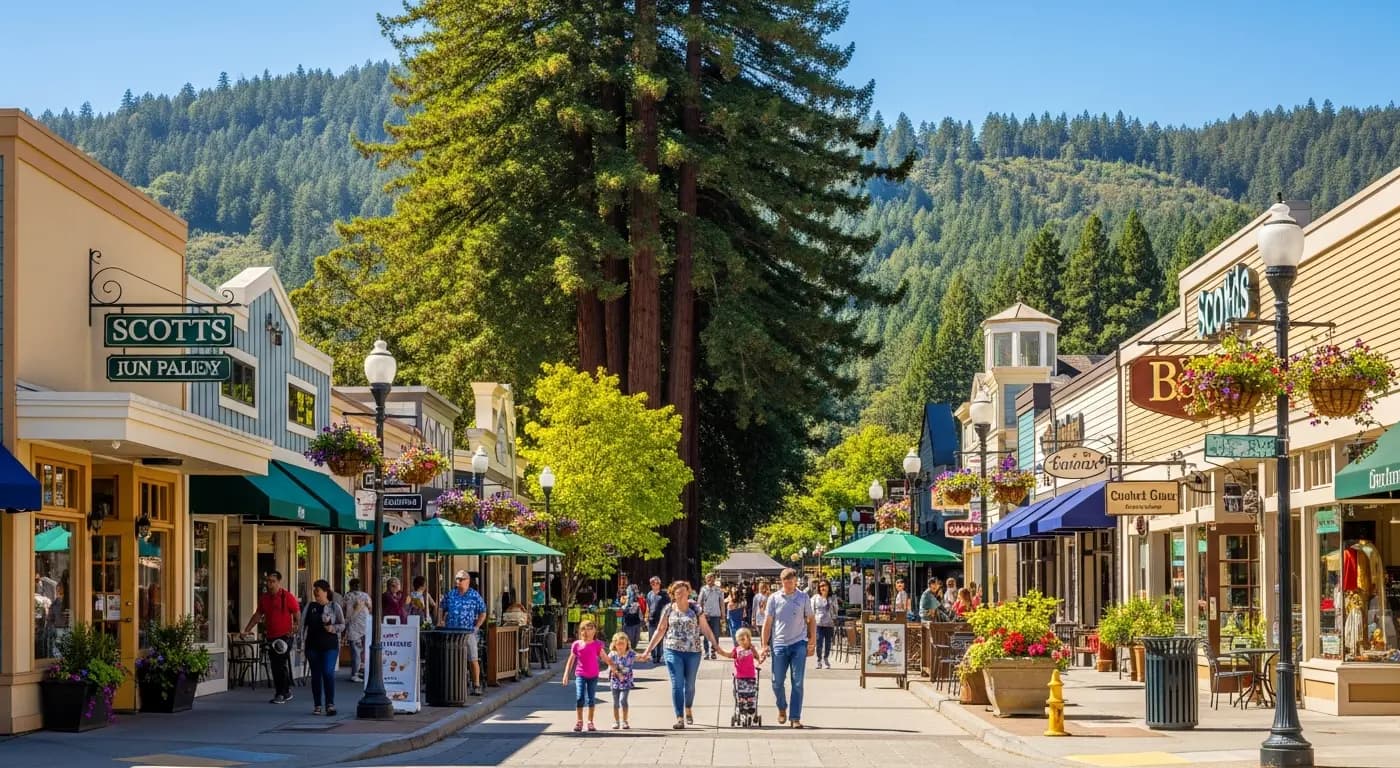 Scotts Valley California town center with shops, restaurants, and redwood trees along Highway 17