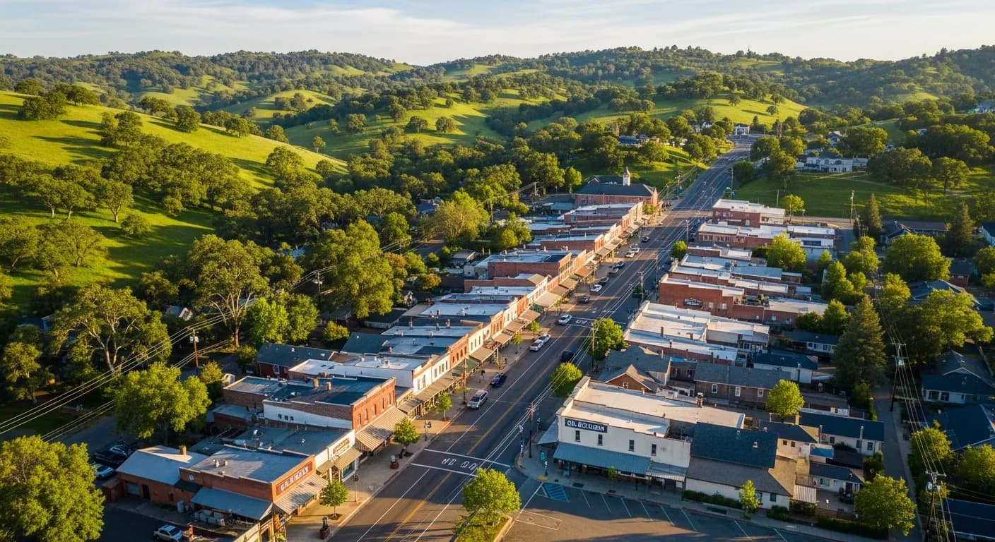 Aerial view of Auburn California Old Town with Highway 49 and Sierra foothills
