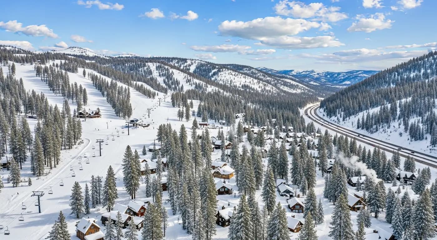 Aerial view of Soda Springs and Donner Summit area with snow-covered Sierra Nevada mountains and ski resorts