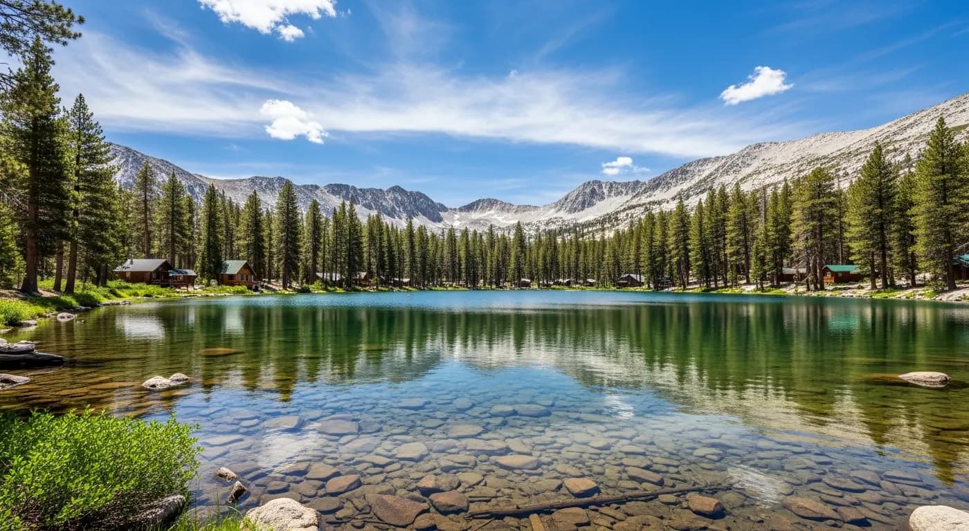 Serene Lakes alpine lake near Soda Springs with cabins along the shore and pine forest