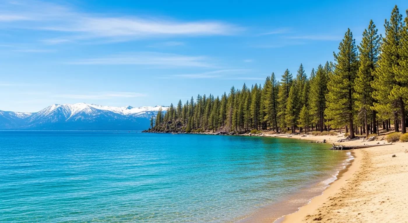 Crystal clear Lake Tahoe shoreline with mountain views in South Lake Tahoe California