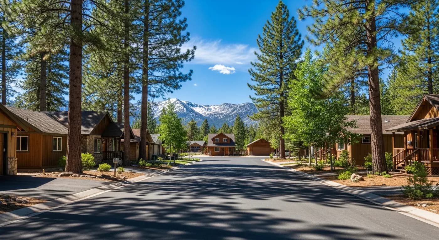 Residential neighborhood in South Lake Tahoe among tall pine trees — we buy homes for cash