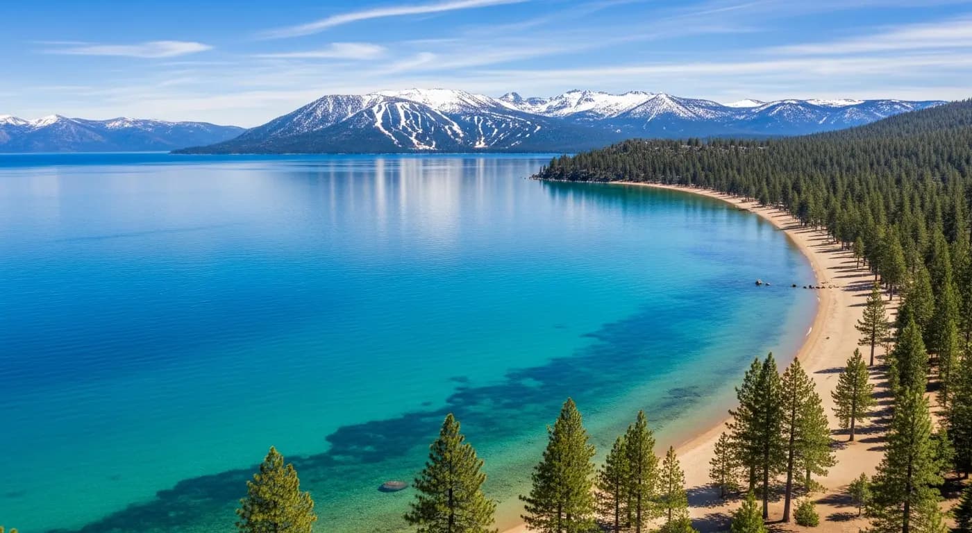 Lake Tahoe south shore with crystal clear water, sandy beach, and Heavenly ski resort in background