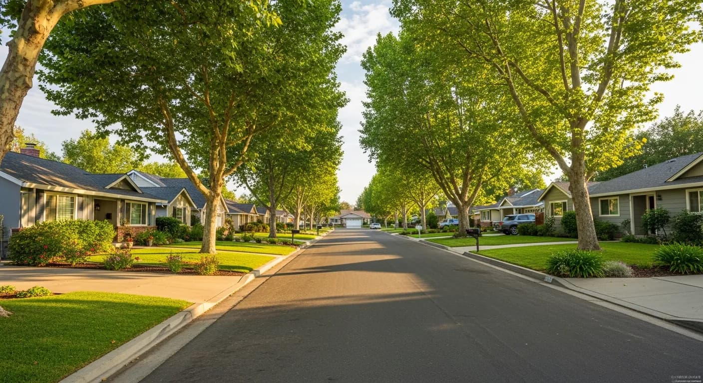 Residential street in Yuba City California with mature trees and Sacramento Valley farmland nearby
