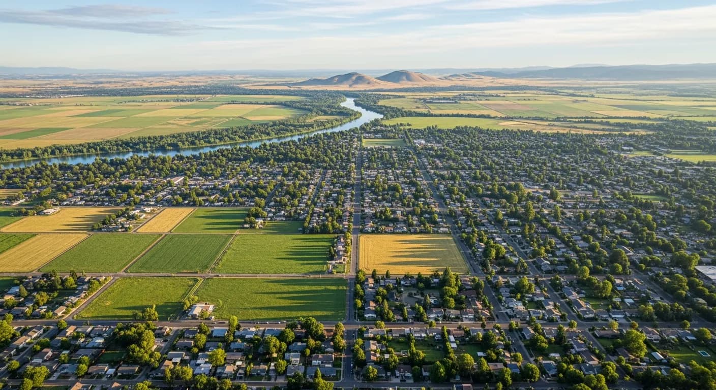Aerial view of Yuba City and the Feather River in Sutter County California