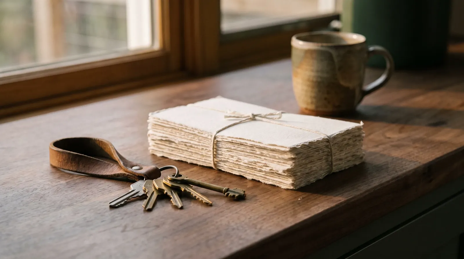 House keys and closing paperwork on a kitchen counter in morning light