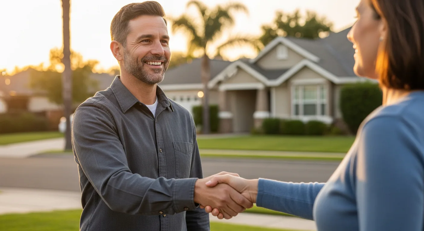 Local cash home buyer shaking hands with homeowner in Sacramento — personal service vs franchise