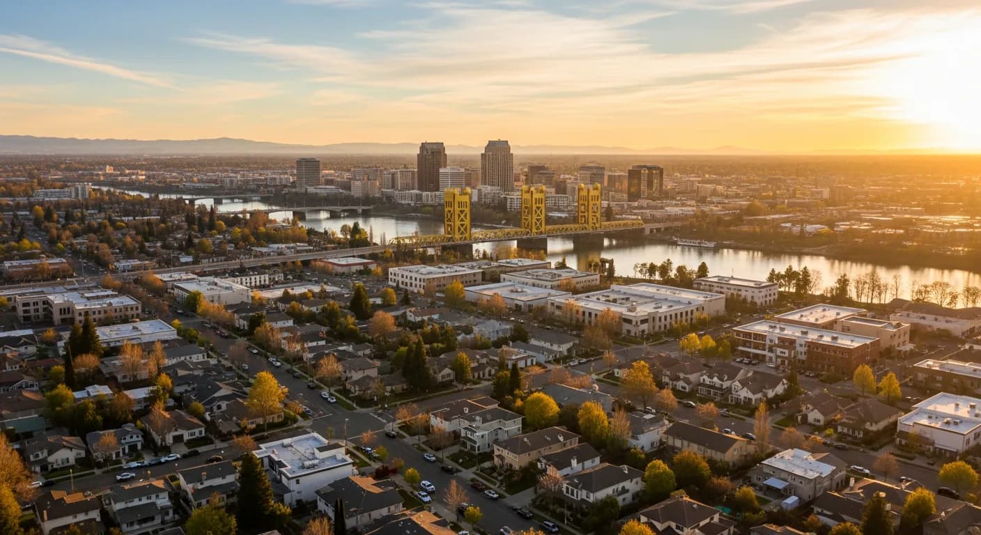 Sacramento skyline and Tower Bridge with suburban homes — cash home buyers serving the Sacramento area