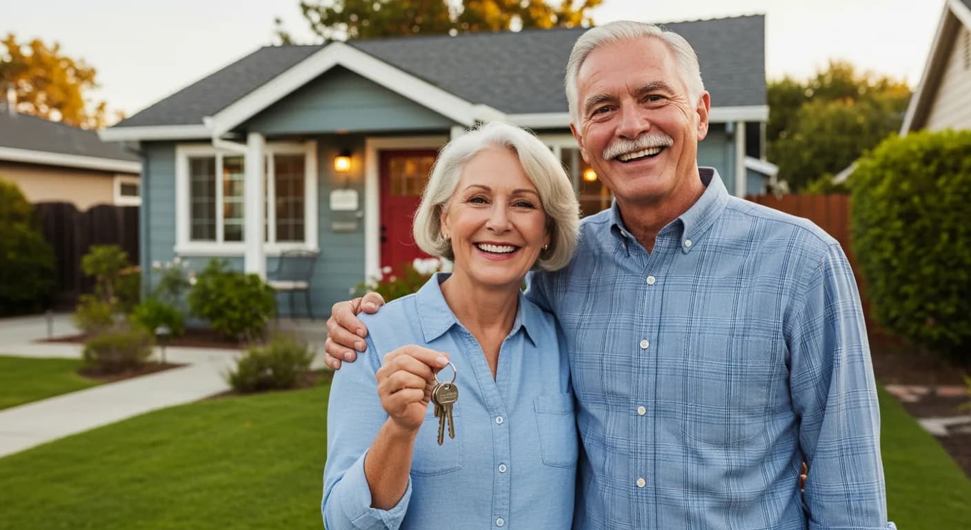 Happy senior couple downsizing their California home — sell your house fast