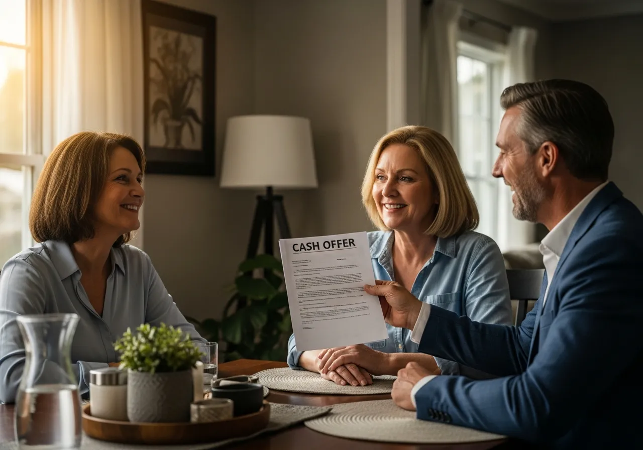 Real estate investor presenting a cash offer to homeowners