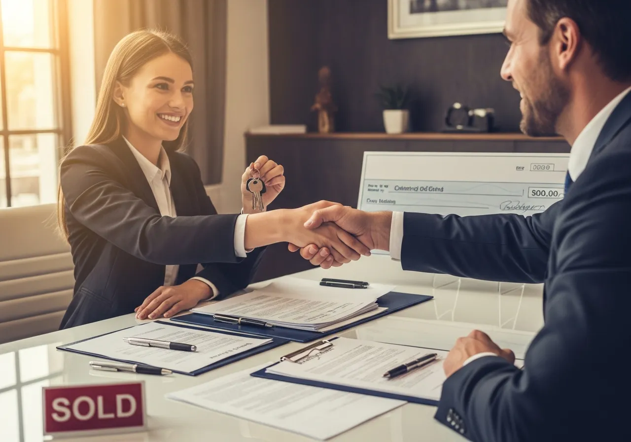 Happy homeowner receiving keys and payment at closing