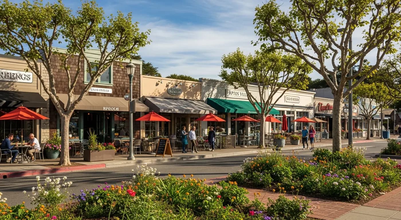 Aptos Village California with charming shops, restaurants, and coastal community character