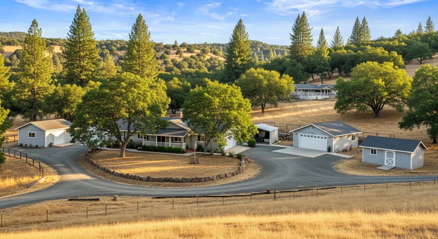 Rural property in North Auburn California with outbuildings and large lot